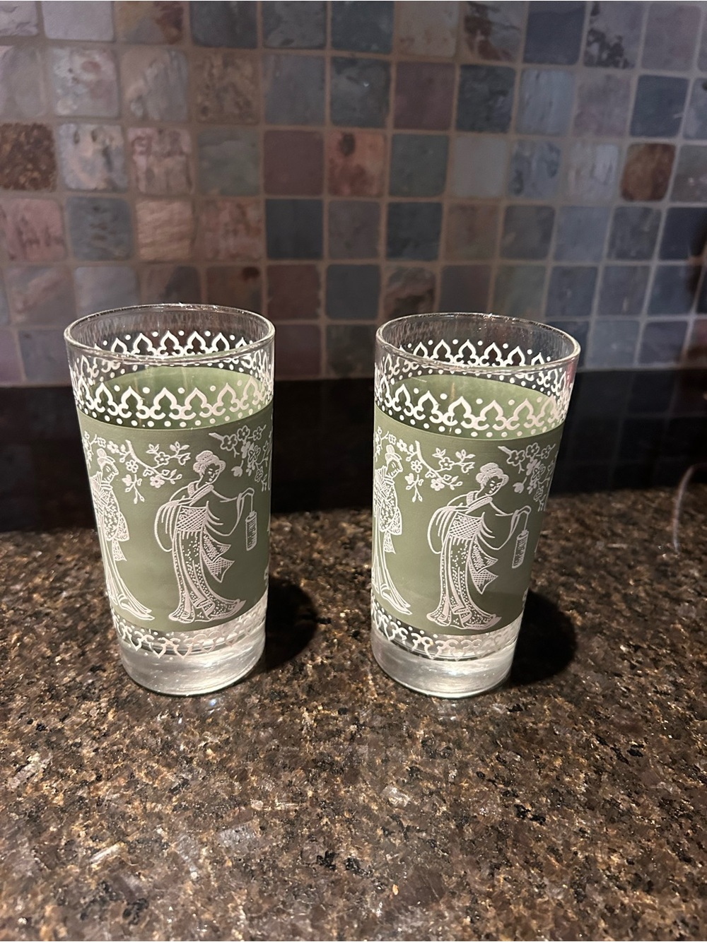 Vintage Sage Green Glass Tumbler Pair with White Oriental Motifs